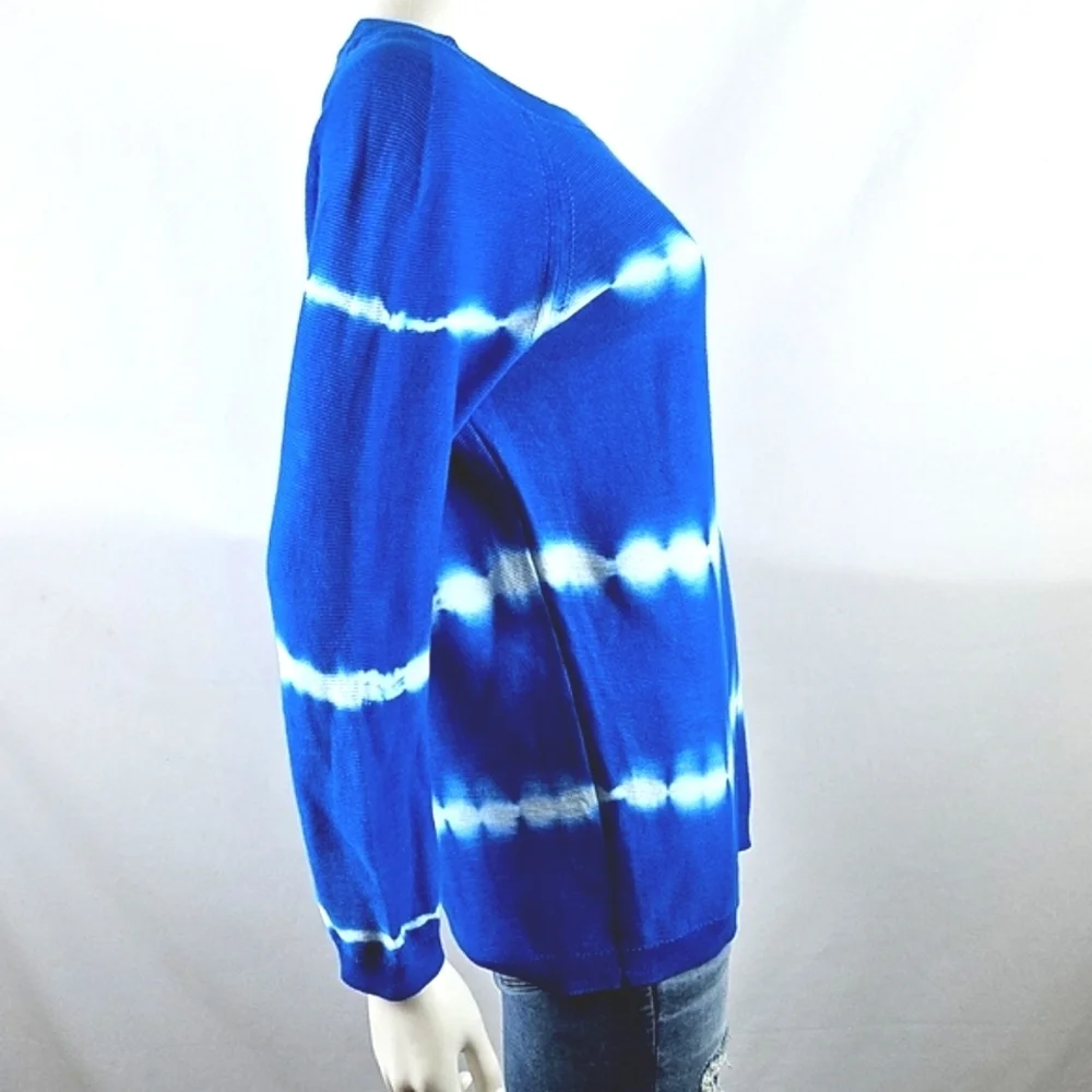 Talbots 100% Cotton Knit Blue White Tie Dye Crewneck 3/4 Sleeve Pullover Sweater